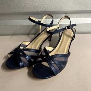 Paradox London Women's Navy Shimmer Wide Fit Kitten Heel Sandal - Size 10M